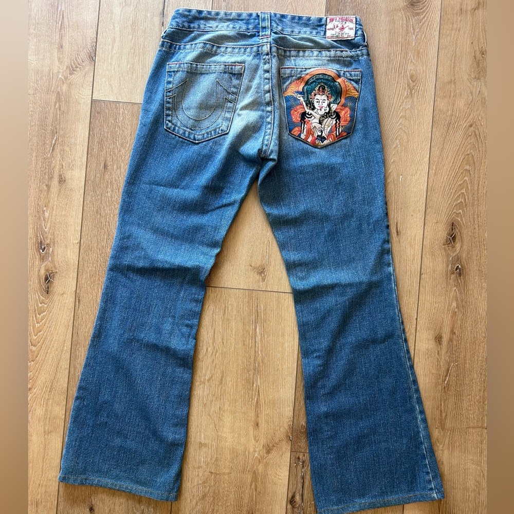 True Religion Blue Flare Jeans with Embroidered Detail